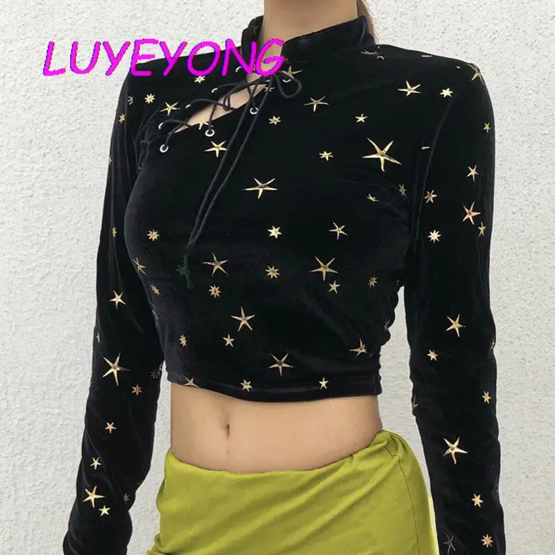 

Lady Chinese Style Stand Neck Hollow Out Drawstring Long-sleeve Bodycon Blusa Top Black Goth Women Star Print Blouse 2022 Autumn