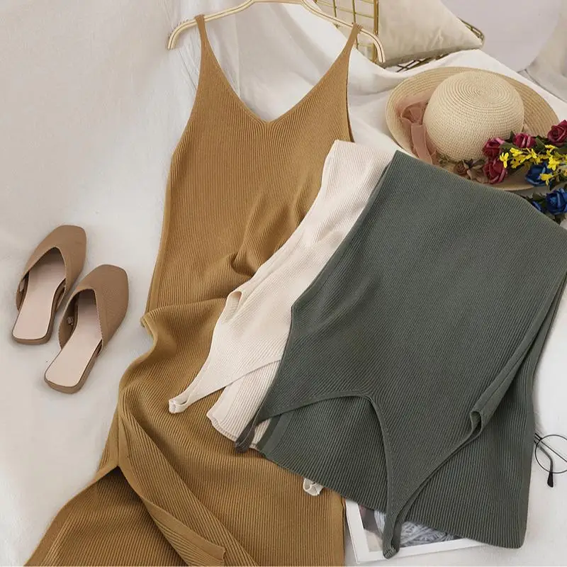 

Casual Dress Woman V Neck Solid Knitted Maxi Dresses Elegant Women Clothes Sleeveless Sweet New Ropa Mujer Clothing Vestido