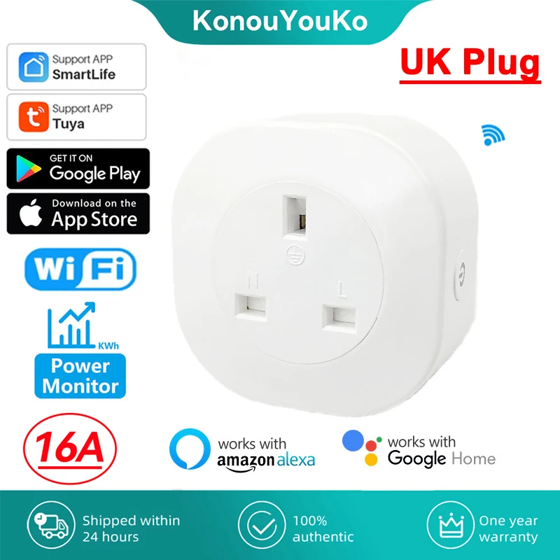 

WiFi Smart Plug UK Power Socket for Tuya 16A Timing Adapter Surge Protector Work with Alexa Google Home Voice Control Smart Life
