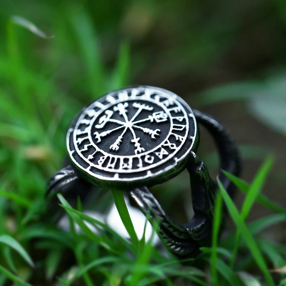 

Vintage 316L Stainless Steel Viking Compass Rune Ring For Man Punk Nordic Odin Crow Rings Amulet Jewelry Dropshipping Store