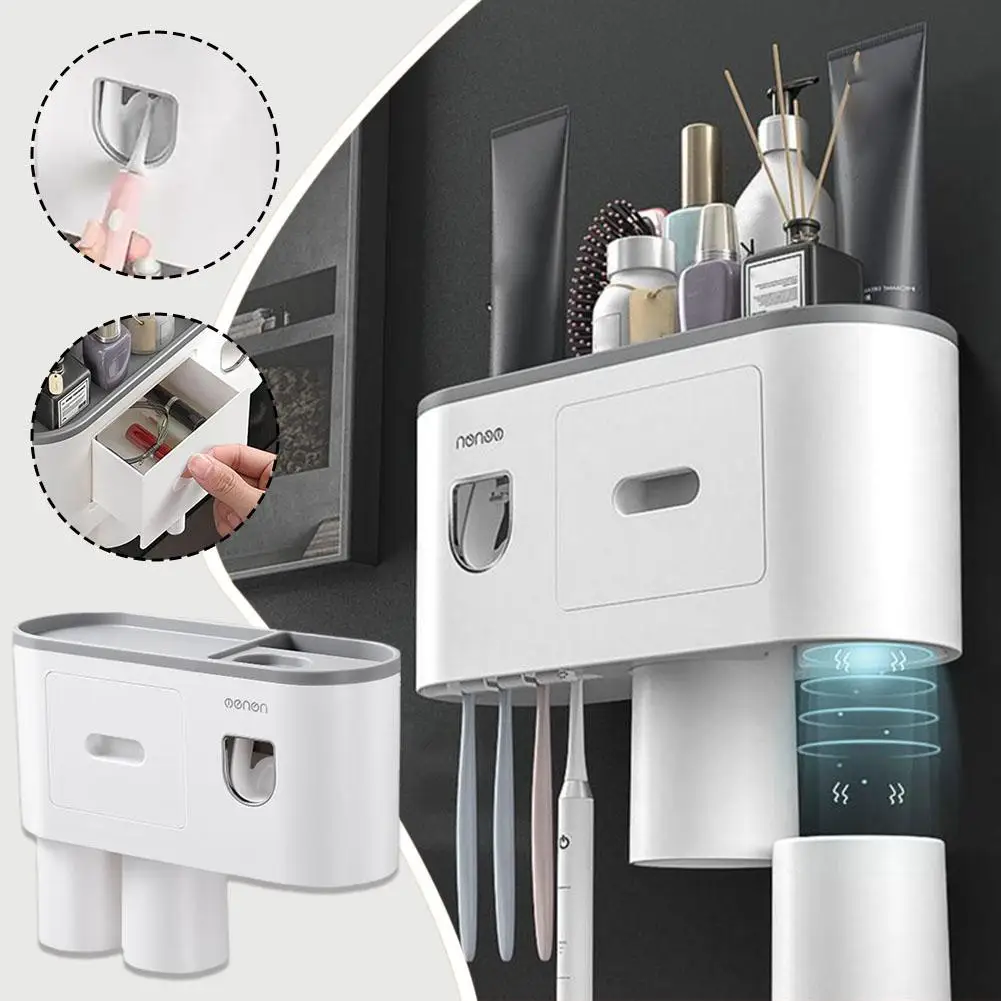 

Toothbrush Holder With Automatic Toothpaste Squeezer Mounted Bathroom Dispenser Accessories Bathroom Wall Organizer Rack B6C0