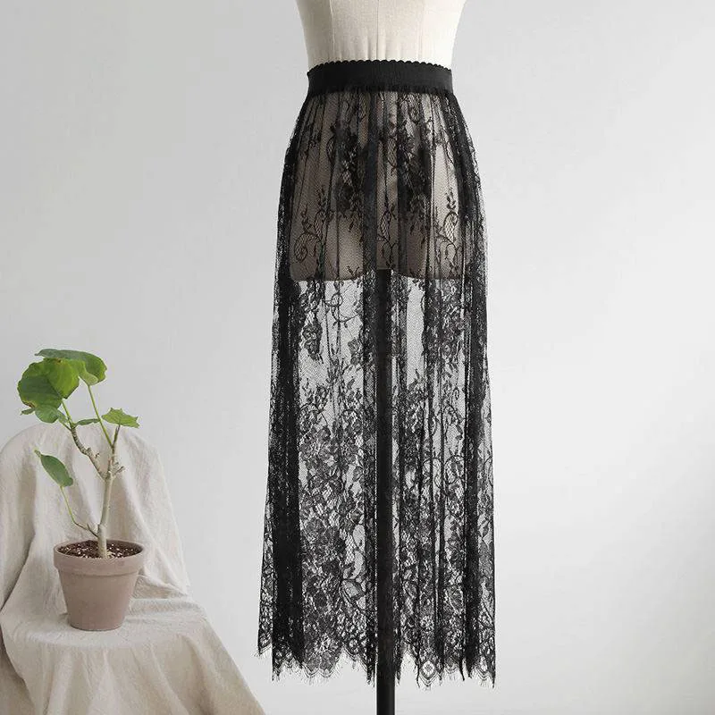 

Women's Mesh Flower Embroidery Lace Skirt Floral Transparent Single-layer Lace Skirt See-through Elastic Waist A-line