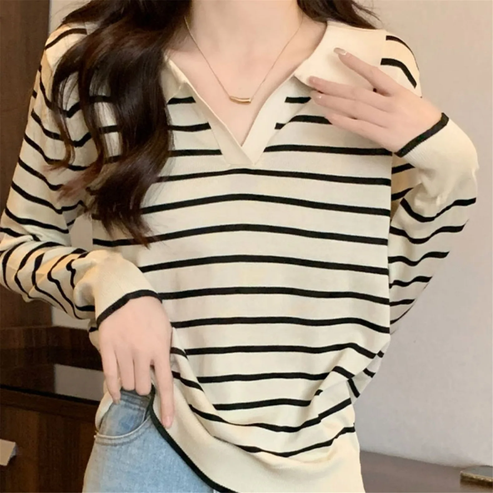 

Striped knitwear women's long sleeve spring autumn 2023 loose Korean version versatile slim top ins trend