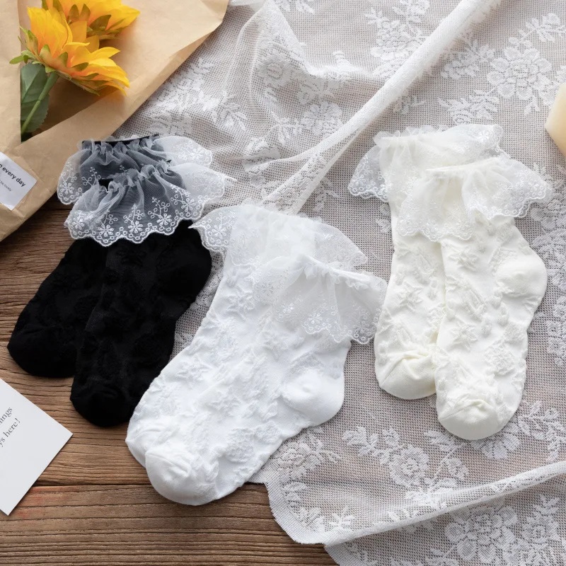 

Женские кружевные хлопковые носки одноцветные носки, женские повседневные Мягкие носки для девочек, милые весенне-осенние милые носки в ст...