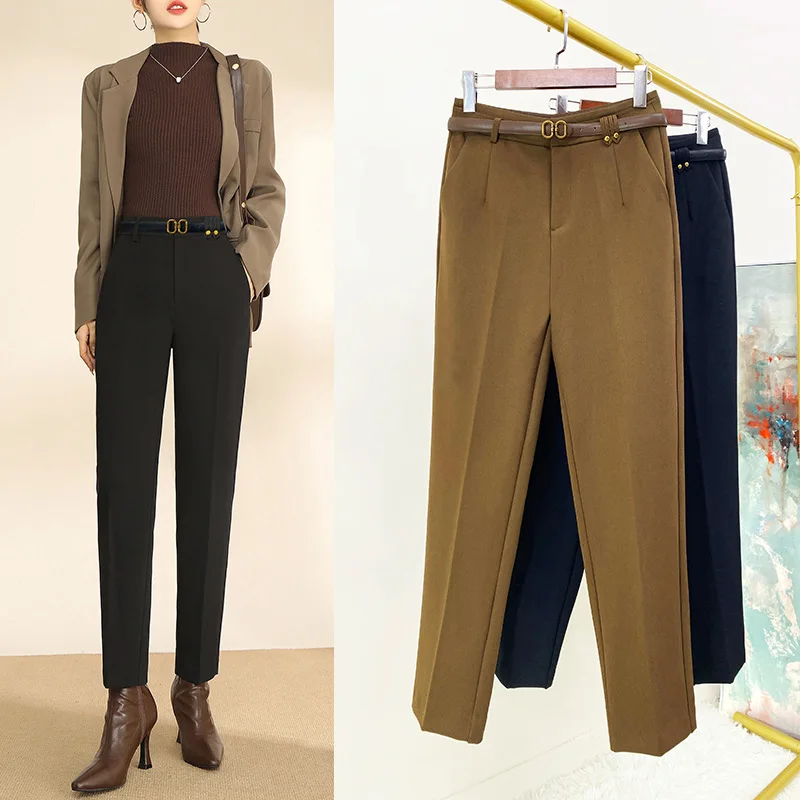 Plus Velvet Suit Trousers Women Straight Winter Commuting Potite Cropped Pants Thickened Small Feet Cigarette Warm Tummy Control
