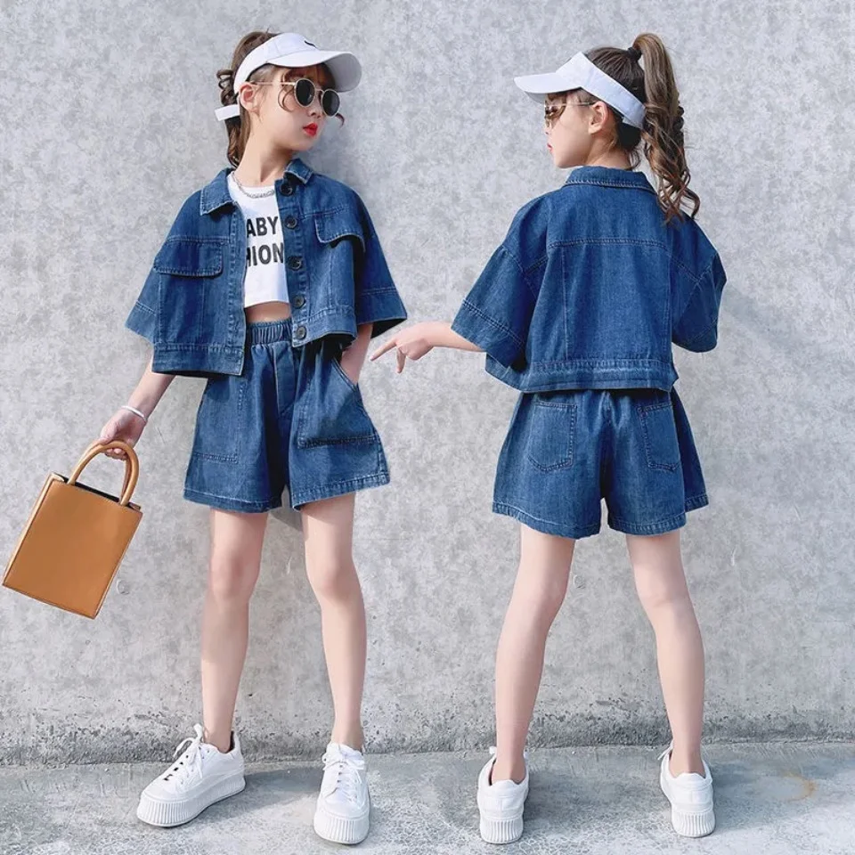 

Футболка с коротким рукавом и шорты из денима для девочек 3-12 лет