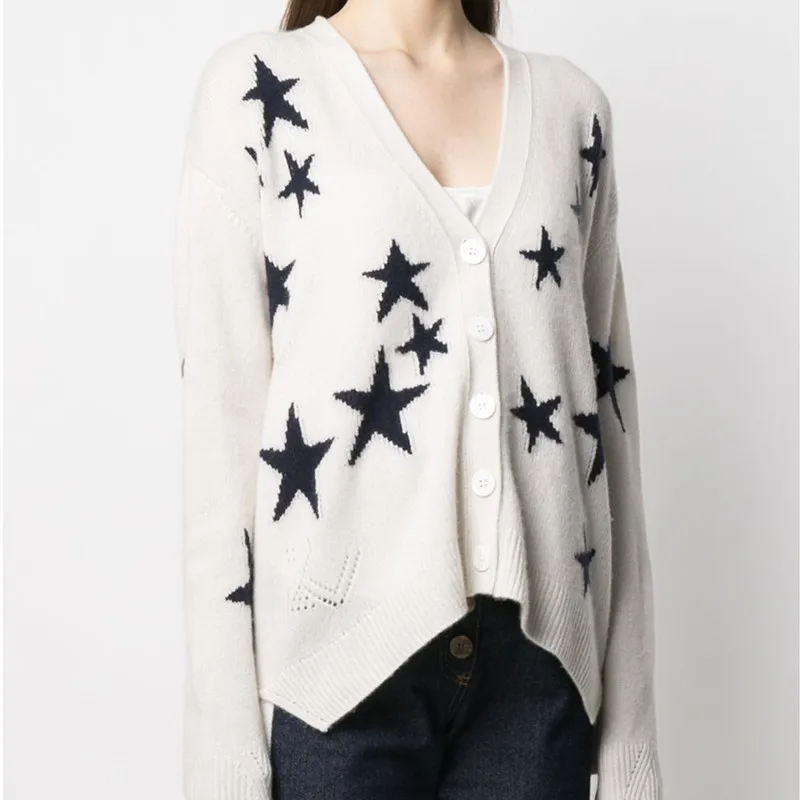 

100% Cashmere Stars Printed Women Sweater 2022 Spring New V-neck Single Breasted Long Sleeve Loose Female Knitwear Cardigans