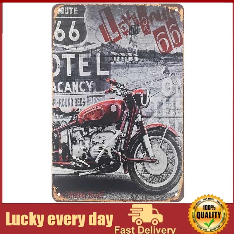 

Motorcycle Tin Sign,Red Motor On The Route 66 Road Vintage Metal Tin Signs for Cafes Bars Pubs Shop Wall Decorative Funny Retro
