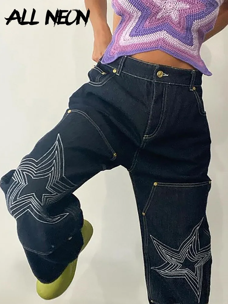 

Джинсы ALLNeon Y2K с высокой талией, винтажные мешковатые брюки из денима с вышивкой пентаграммы, в стиле ретро 90-х, с широкими штанинами, в улично...