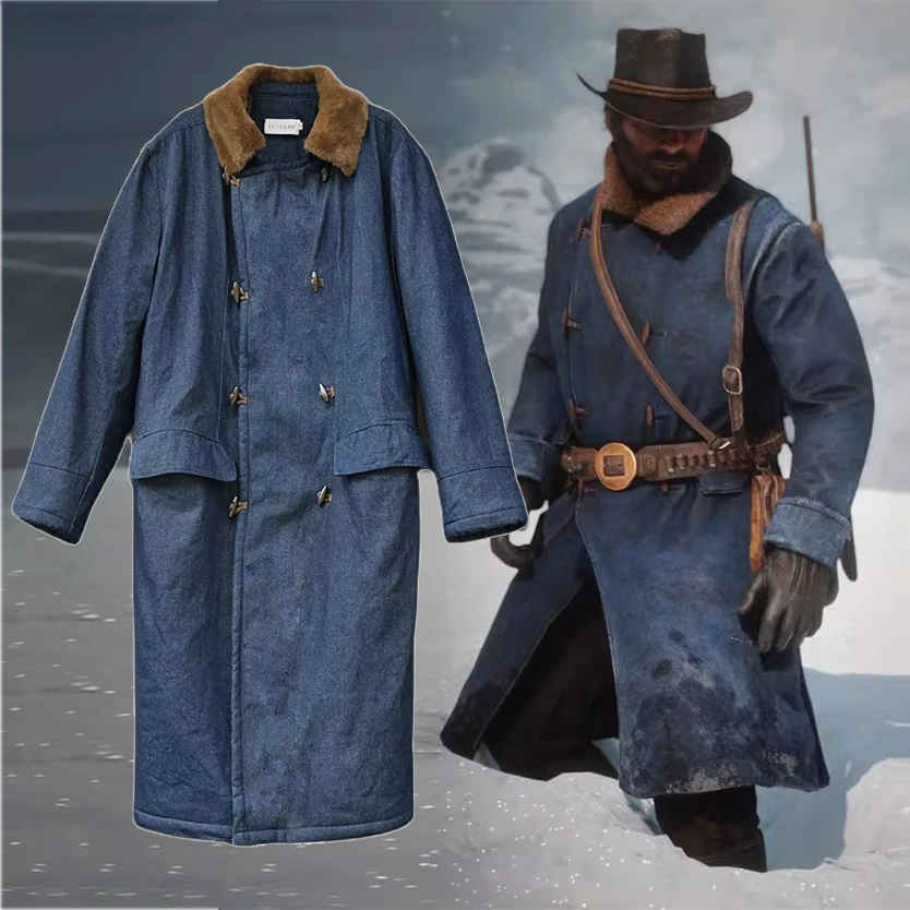 

Game RDR2 Arthur Morgan Western Style Denim Coat Cosplay Costumes Blue Mid-length Model Jackets Halloween Carnival Party Outfit