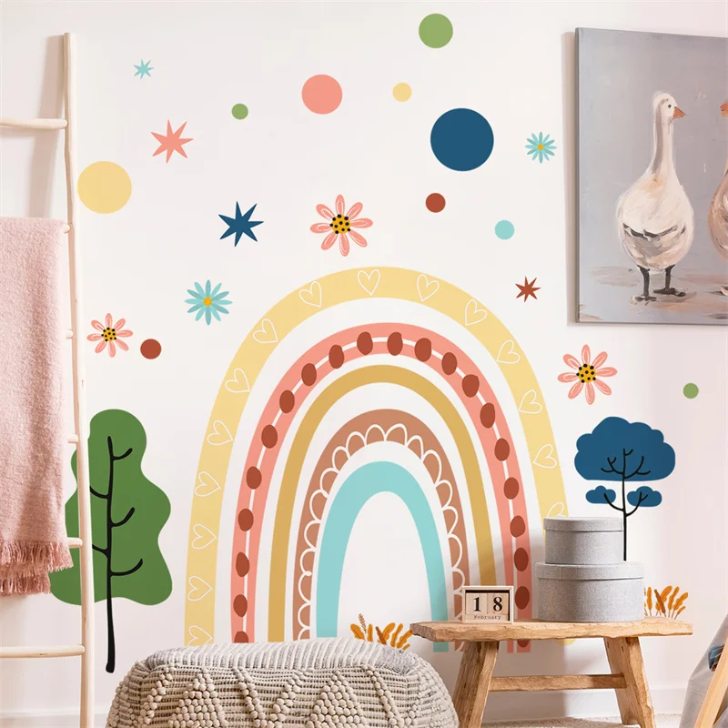 

Large Boho Rainbow Wall Stickers Kids Room Cartoon Tree Flower Dots Nursery Children Bedroom Home Wall Decoration for Girls Boys