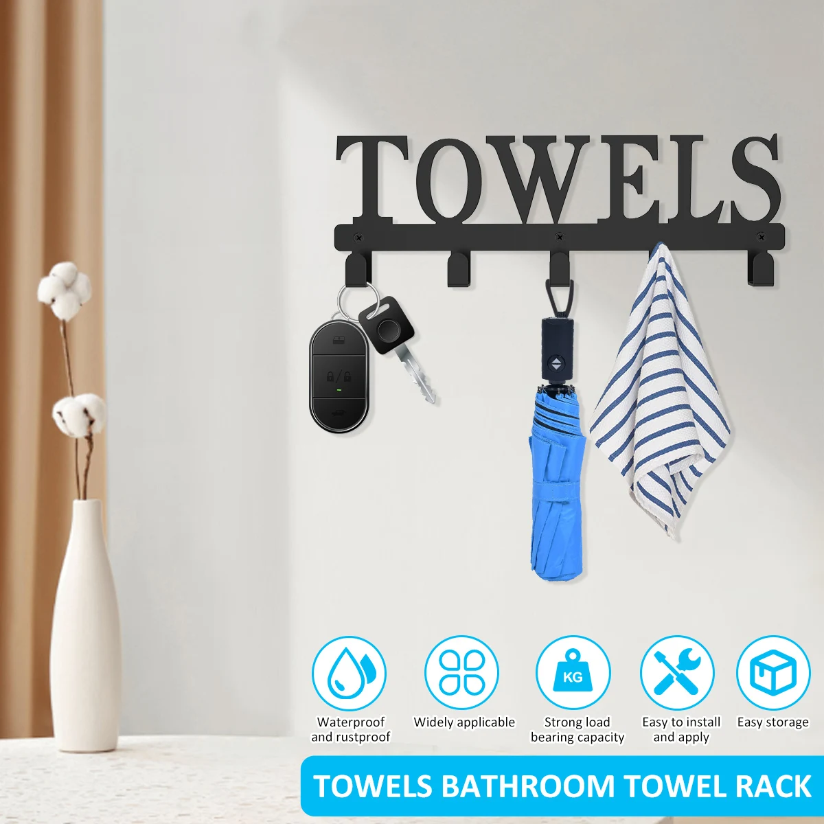 

Towel Rack with 5 Hooks Wall-Mounted Towel Hanger Space Saving Towel Rack Organizer Heavy-Duty Carbon Steel Towel Holder