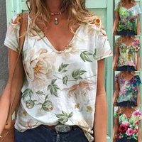 womens fashion summer casual t shirts v neck short sleeved printed loose tops