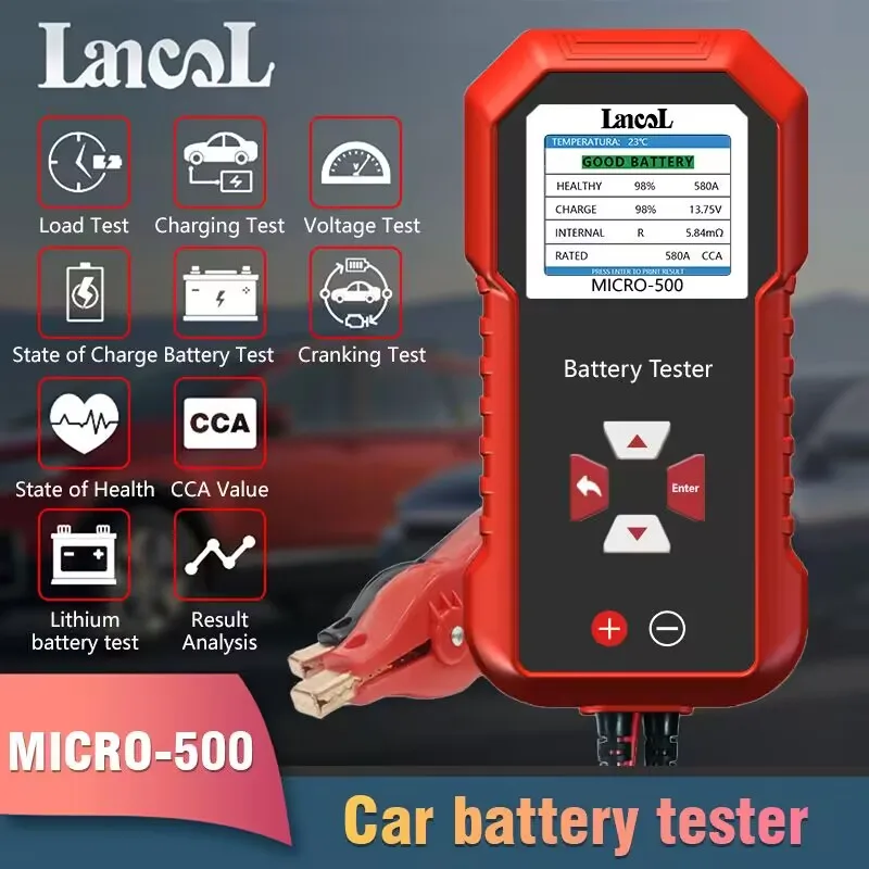 

Lancol Micro 500 Тестер автомобильного аккумулятора 12 В Тест литиевой батареи Анализатор свинцово-кислотных аккумуляторов Тест системы 40-3000 CCA Светодиодный дисплей