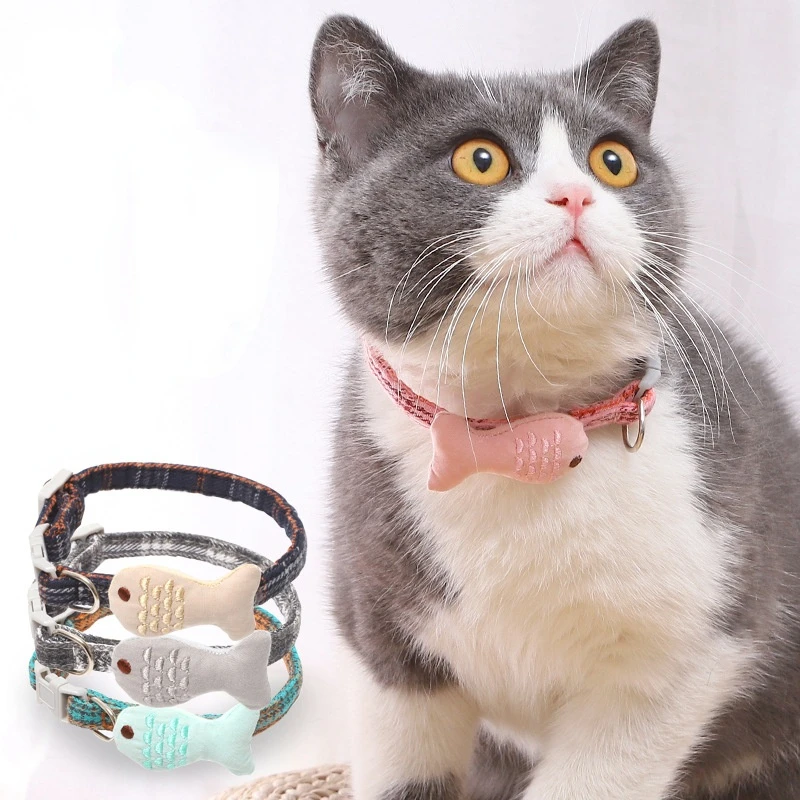 

Pet Cat Collar Cotton-filled Scottish Plaid Embroidered Small Fish Cat Collar Cat Accessories Cute Cat Collar