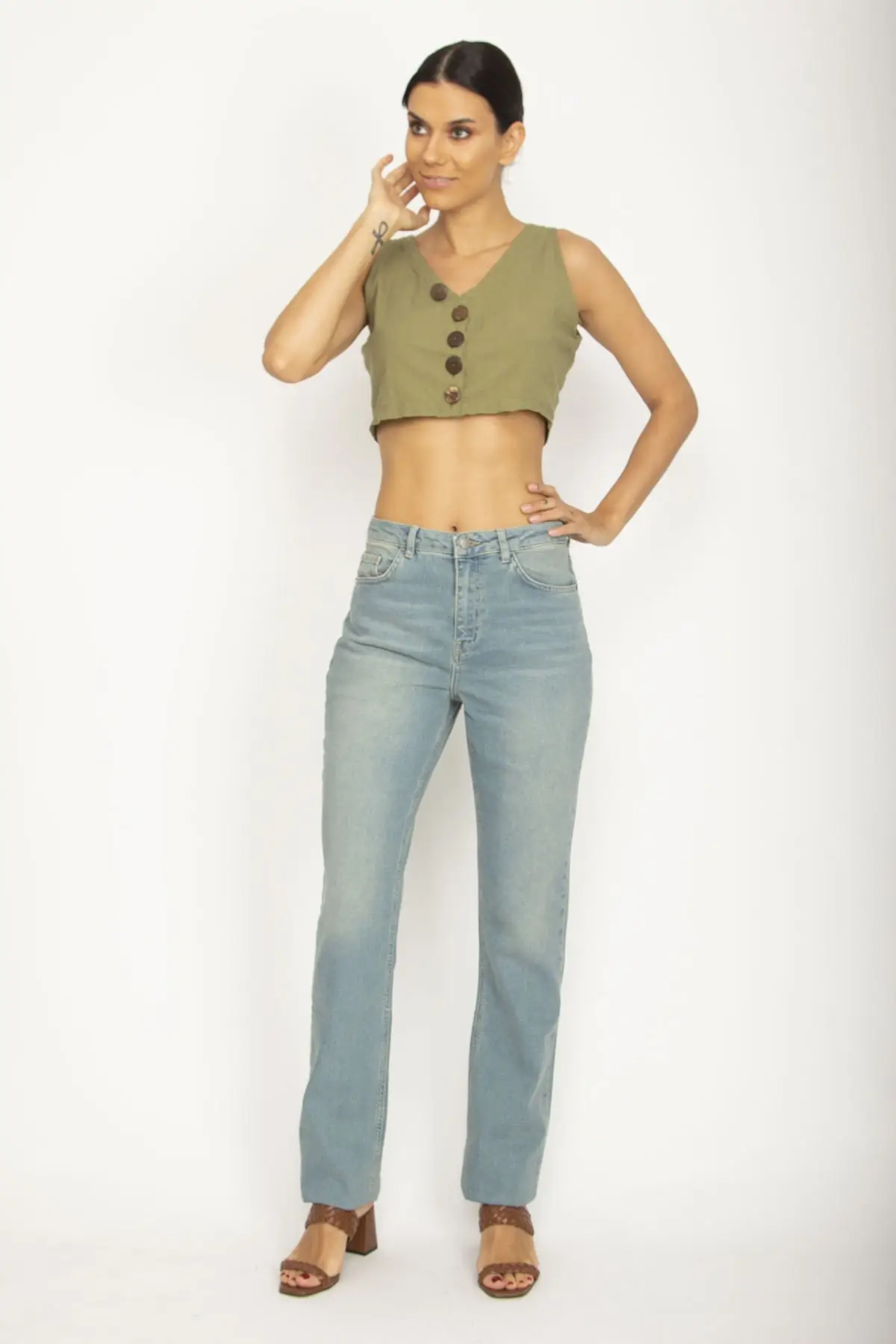 

Women's Jean Blue Pocket High Waist Denim Pants Full Length Straight Pant Streetwear Female Buttons Zipper Ladies