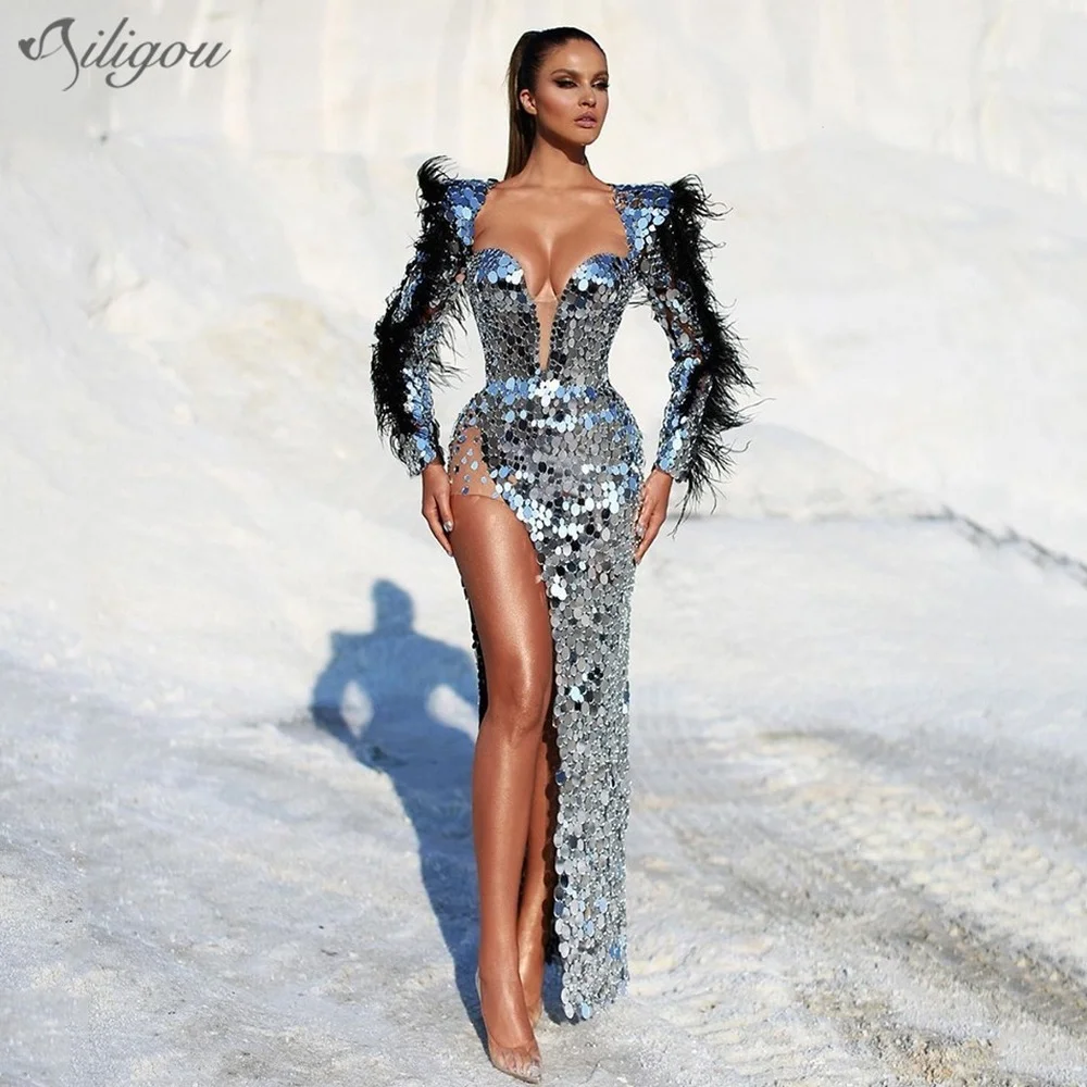 

Ailigou Luxury Shiny Silver Sequined Feather V-Neck Long-Sleeved Celebration Party Dress 2021 New Sexy Party Dress Vestidos