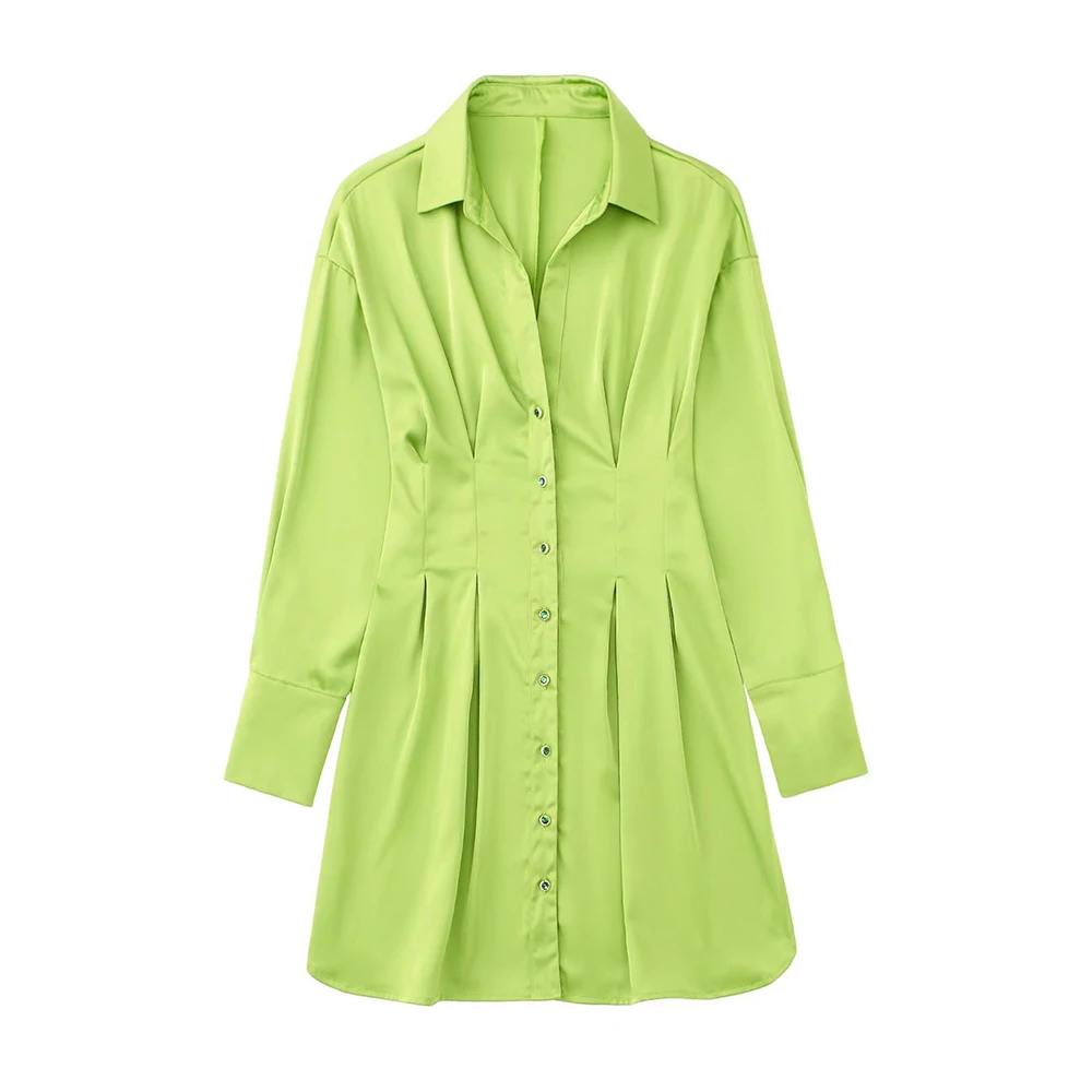 

Новинка лета 2022, женское модное атласное однобортное платье-рубашка в стиле ретро с отложным воротником и оборками, Повседневная мини-юбка ...