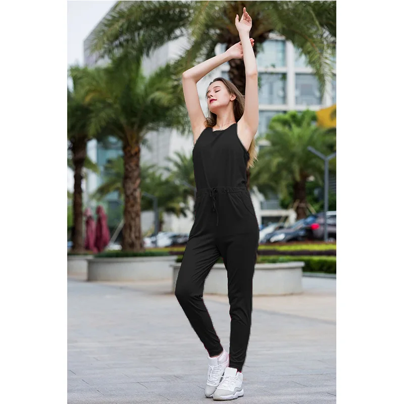 Женский однотонный комбинезон без рукавов с круглым вырезом повседневный летний