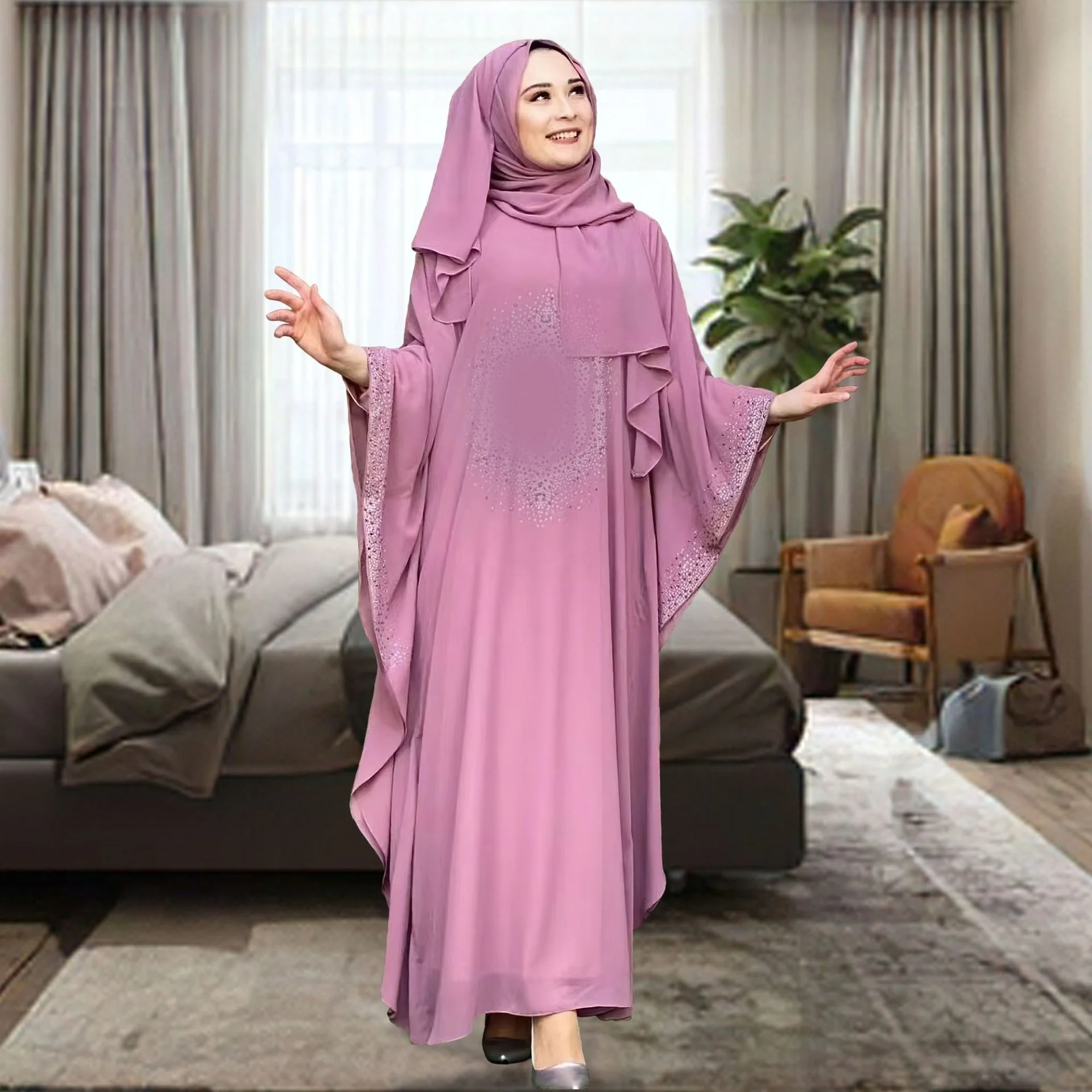 Abaya For Women Muslin Ramadan Robe Chiffon Hot Diamond Dress With Headcard Arabic Dubai Islam Abaya With Bat Sleeves Clothing