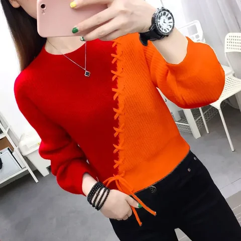 Осенне-зимние женские свитера, пуловер, Новые Корейские вязаные свитера контрастных цветов с длинным рукавом и круглым вырезом на шнуровке B05