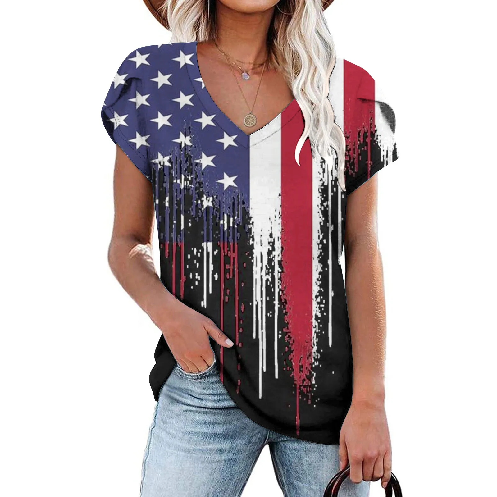 

Womens Compression Shirts Women Independence Day Causal Printing V Womens Thin Patterned Shirt Ladies Short Sleeve Tunic Shirts