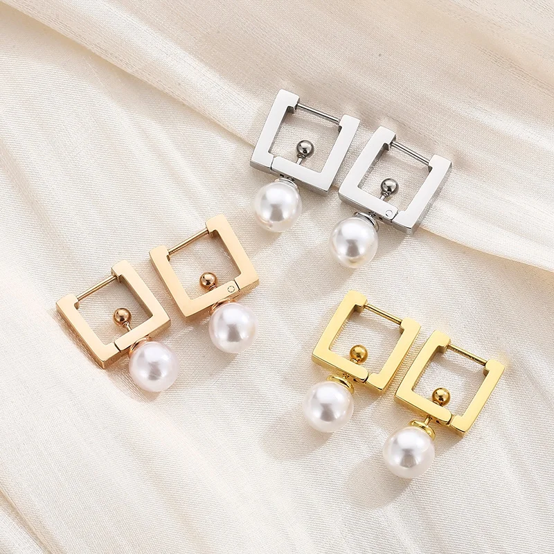 

New Square Stainless Steel Detachable Hoop Earrings Imitation Pearls Dangle Earrings For Women Elegant French Jewelry Wholesale