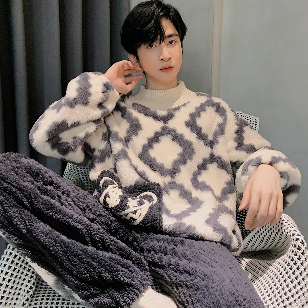 QUHENG Winter Thick Warm Long Sleeve Flannel Pajama Sets for Men Cartoon Coral Velvet Sleepwear Suit Pyjamas Homewear Clothes