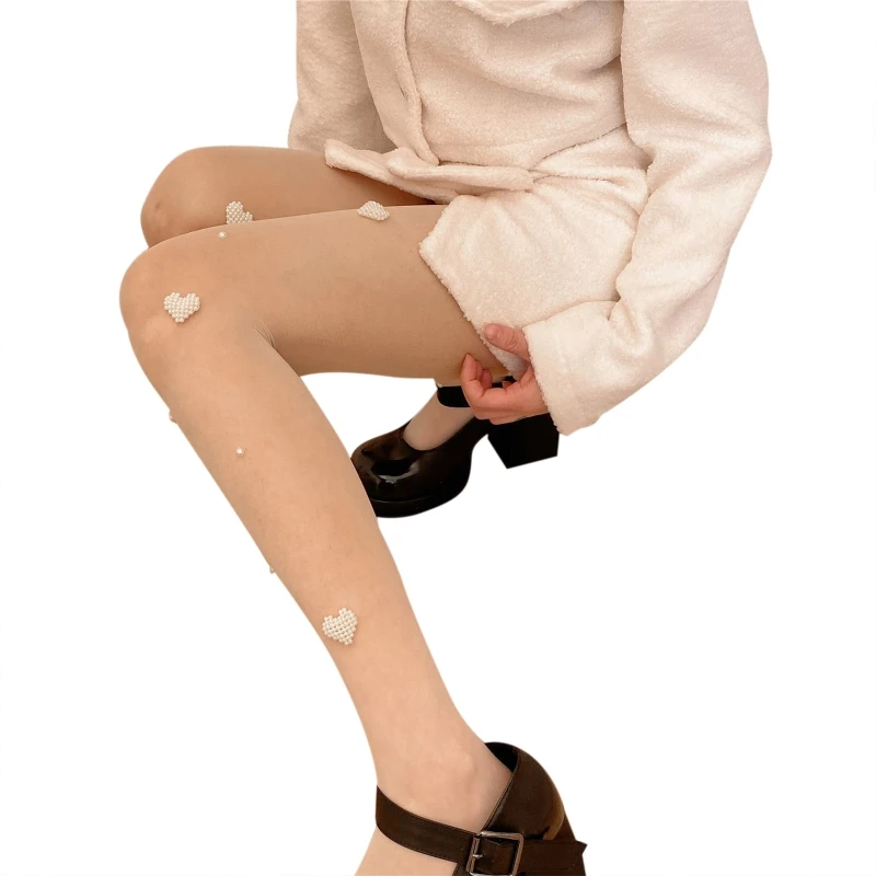 College Wind Tights Pantyhose High Waist Stockings with Love Pearl Thin Leggings 37JB