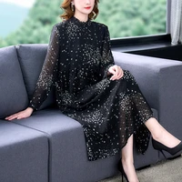 women black floral chiffon jacquard midi dress 2022 korean vintage hepburn dress spring autumn long sleeve elegant loose vestido