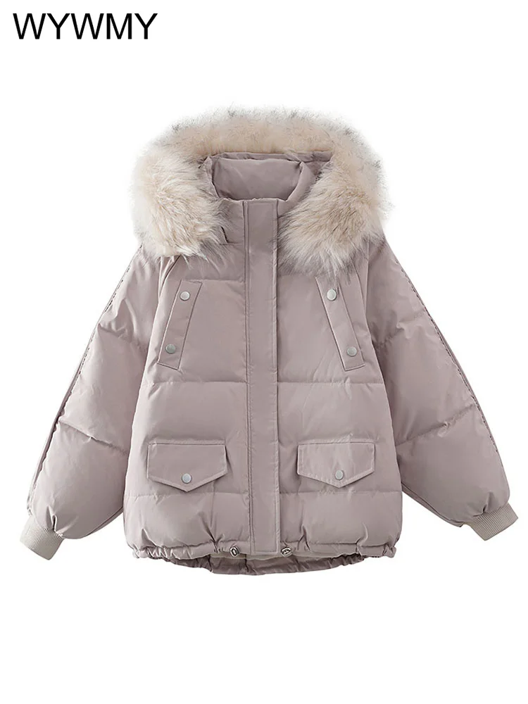 Warm Hooded Winter Jacket Women Parkas Loose Short Big Furry Collar Down Jacket Casual Winter Coats Female Solid Color Overcoats