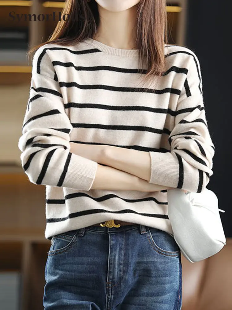 

2023 Autumn Winter New Cashmere Shirts Women Elegant O-Neck Stripe Knitting Pullover Sweater Outer Wear All-Match Tops Female