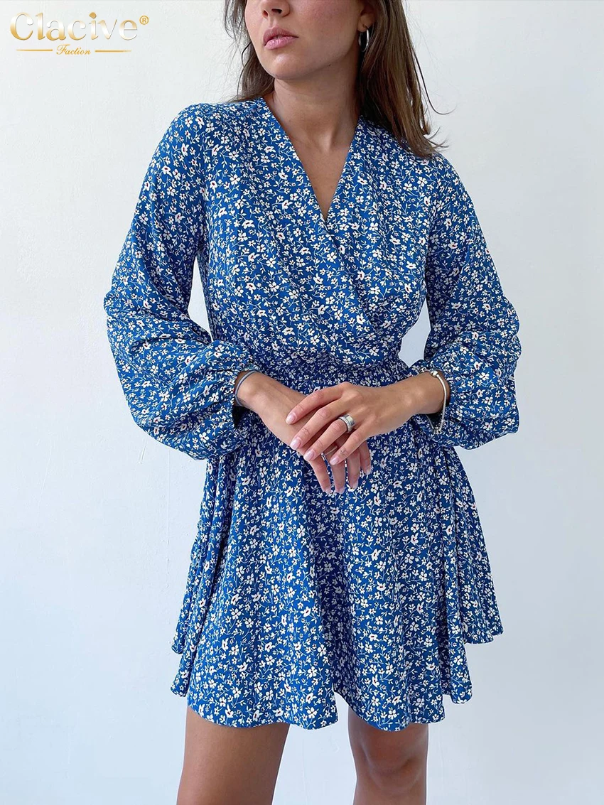 

Модное свободное женское платье Clacive с принтом 2023, повседневное женское платье с V-образным вырезом и длинным рукавом, винтажное классическо...