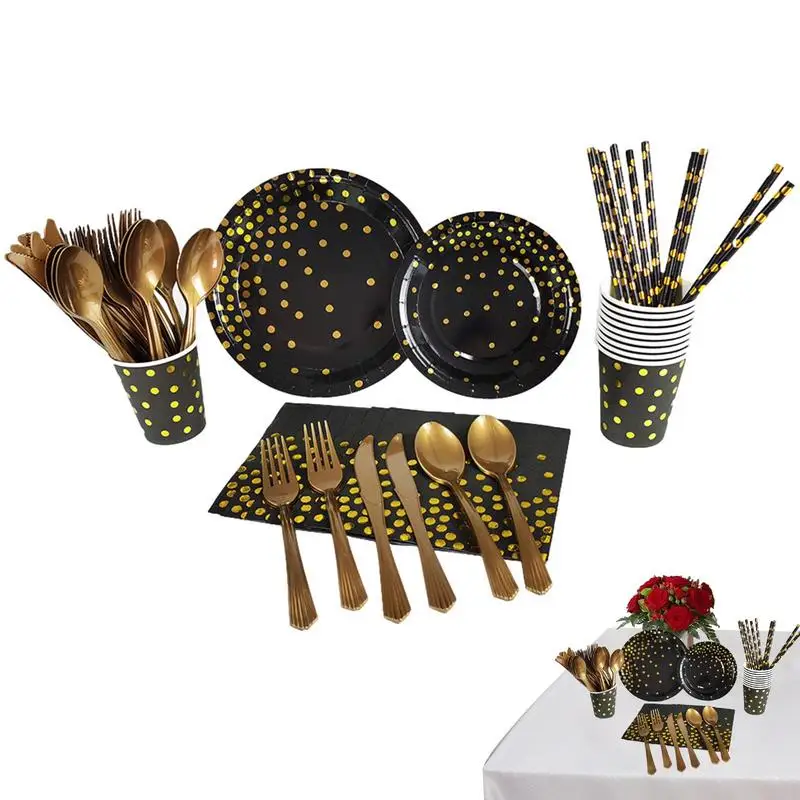 

Reception Plate Set Dinnerware Tableware Party Set Portable Paper Plate Set With Gold Foil Polka Dot Pattern For Party Camping