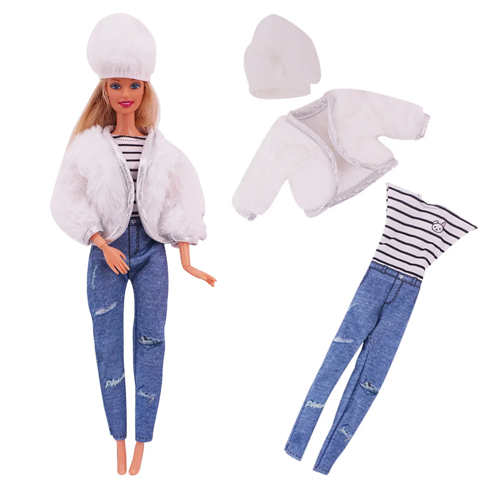 30Cm Barbies Fashion Clothes Coat Plush Top Pants Beret Doll House Accessories For 11.8 Inch Barbies Girls Toy Gifts