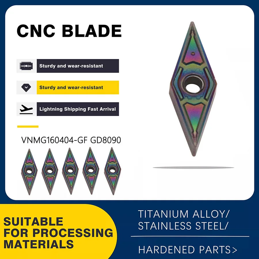 

CNC Lathe Tool VNMG160404-GF GD8090 Turning Insert Nano-nitride PVD Coating High Quality Cutting Blade Processing Hardened Steel