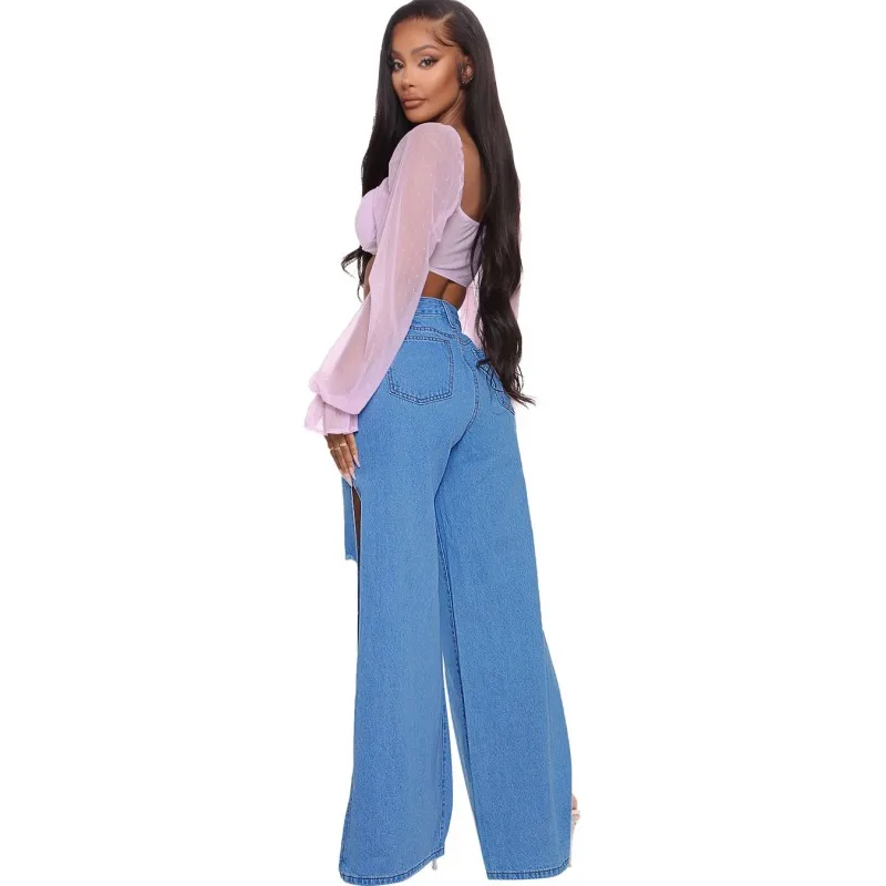 Sexy Hole Jeans Women Stretch Split Wide Leg Denim Flare Long Pants Spring Autumn New High Street 2022 Blue Ladies Fashion Club