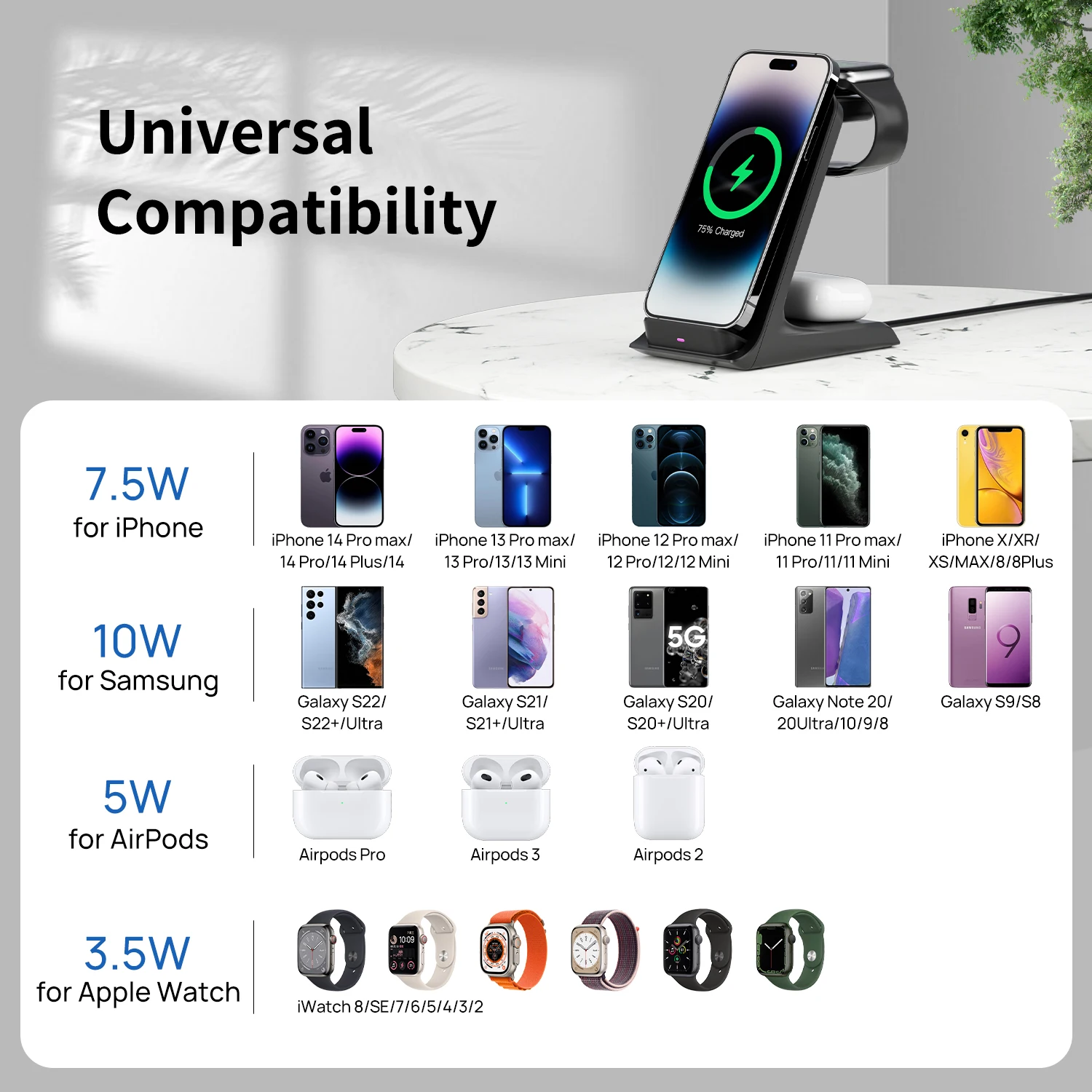 KPON 3 in 1 Wireless Charger Stand For iPhone 14 13 12 11 Apple Watch Ultra 8 7 6 5 Airpods Pro 2 3 Qi 15W Fast Charging Station 6