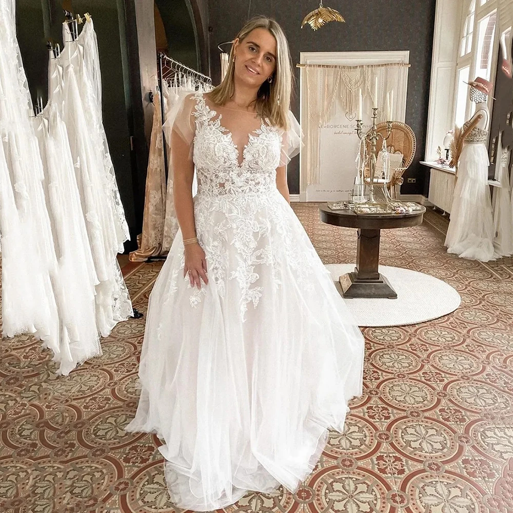 

Msikoods Plus Size Wedding Dress A-Line V-Neck Lace Appliques Sleeveless For Women Bridal Gowns Custom Made White Bride Gowns
