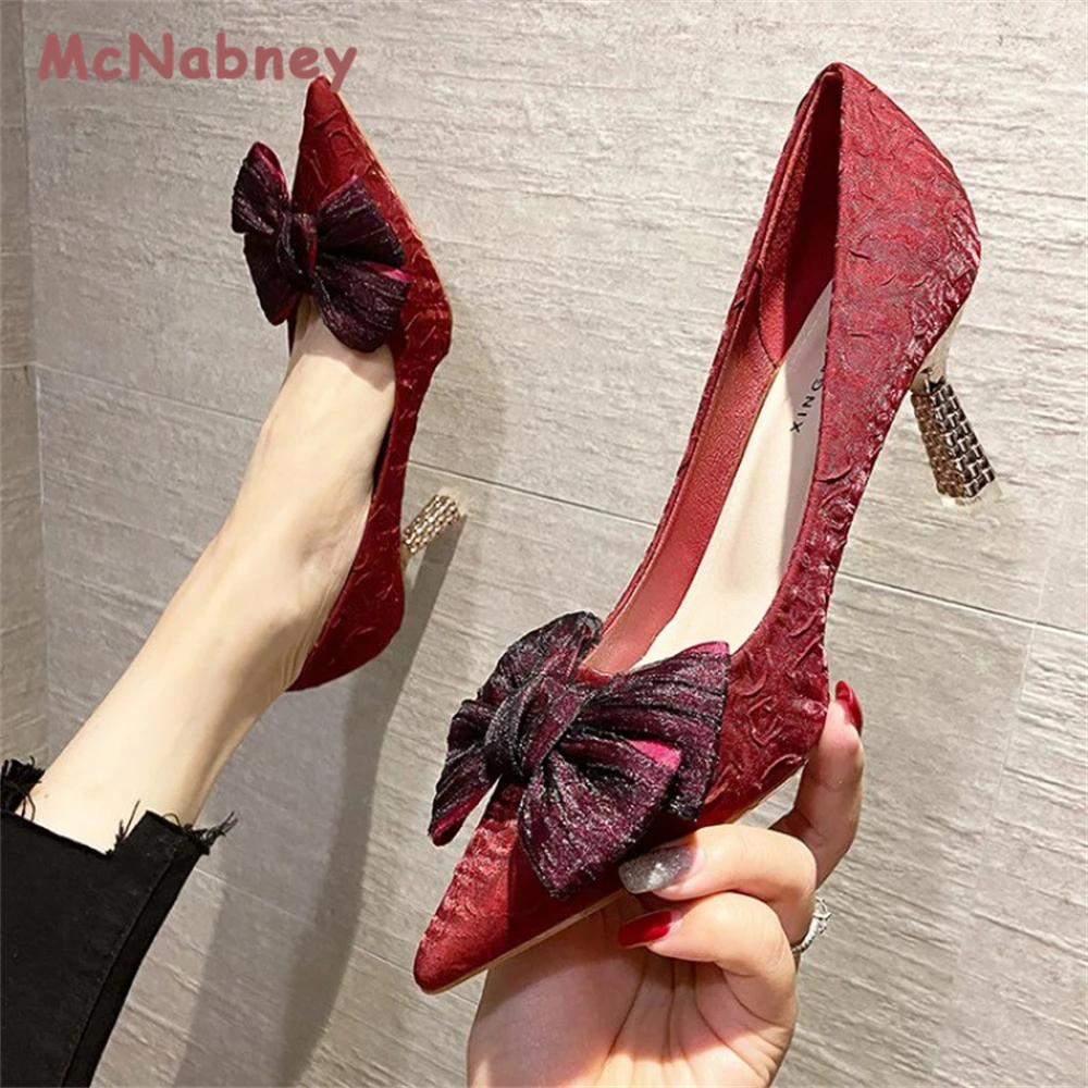 Bow-Knot High Heels Pumps for Women Sexy Pointed Toe Metal Stiletto Heels Wedding Party Shoes Women 2023 Red Wedding Shoes