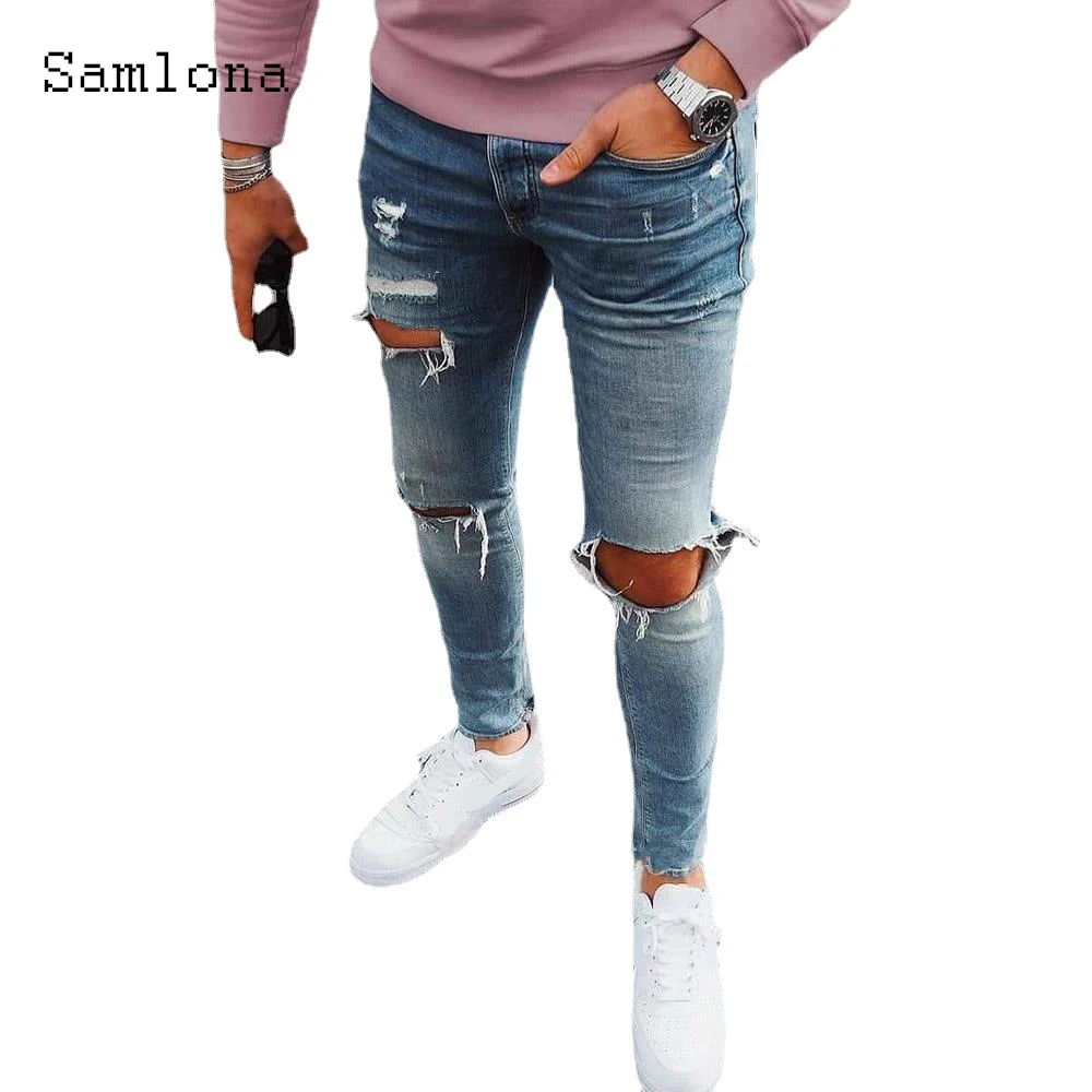 Samlona Plus size Men Sexy Jeans Hole Ripped Denim Pants Casual Pantalon Mens Demin Clothes 2022 European Style Fashion Trousers