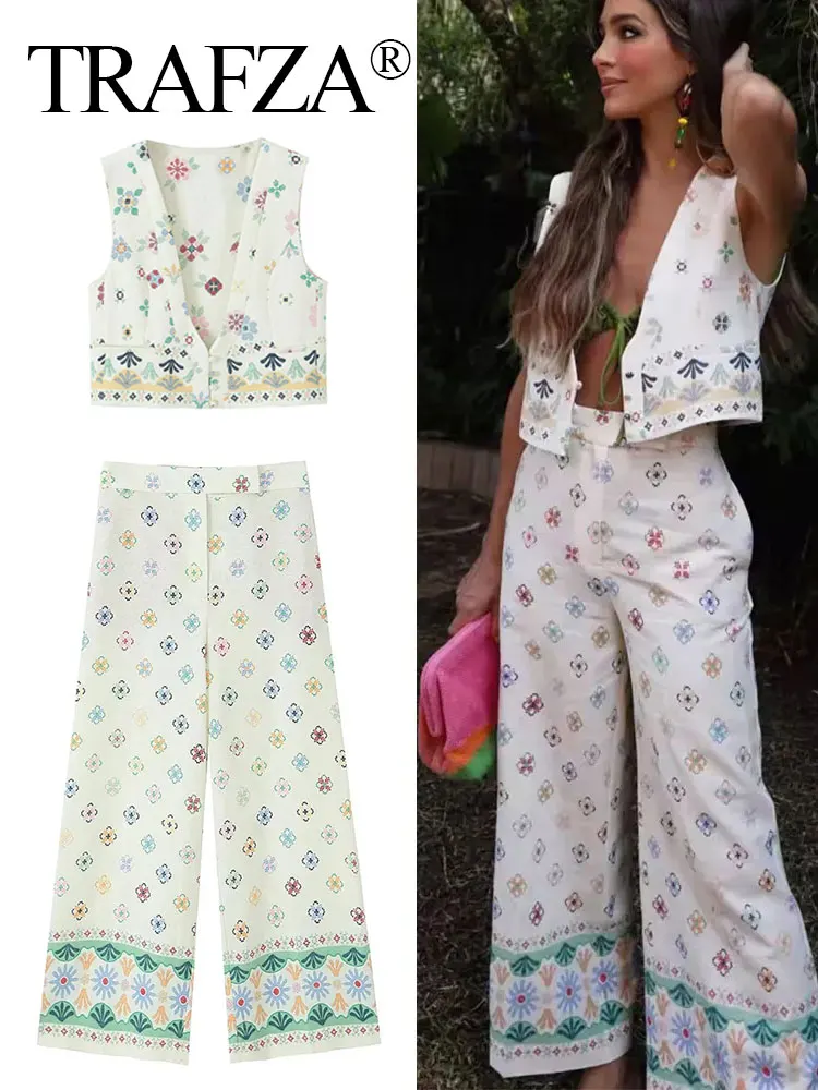 

Женский брючный костюм TRAFZA, повседневный праздничный жилет с V-образным вырезом и широкие брюки с высокой талией, лето 2023