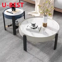 U-BEST Designer Office Furniture Coffee Table Hotel Saddle Leather Sintered Stone Top Marble Luxury Side Table with Ash Legs