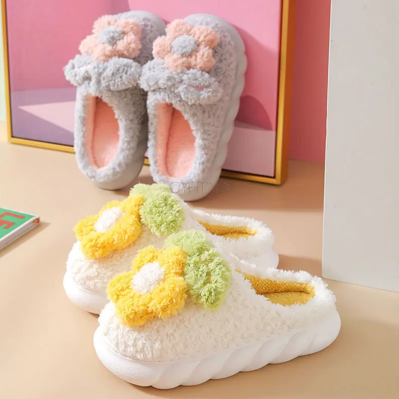 Furry Slippers for Women Cute Flower Platform Soft Slippers Female Plush Warm Winter Home Slippers Women Lovely House Shoes New