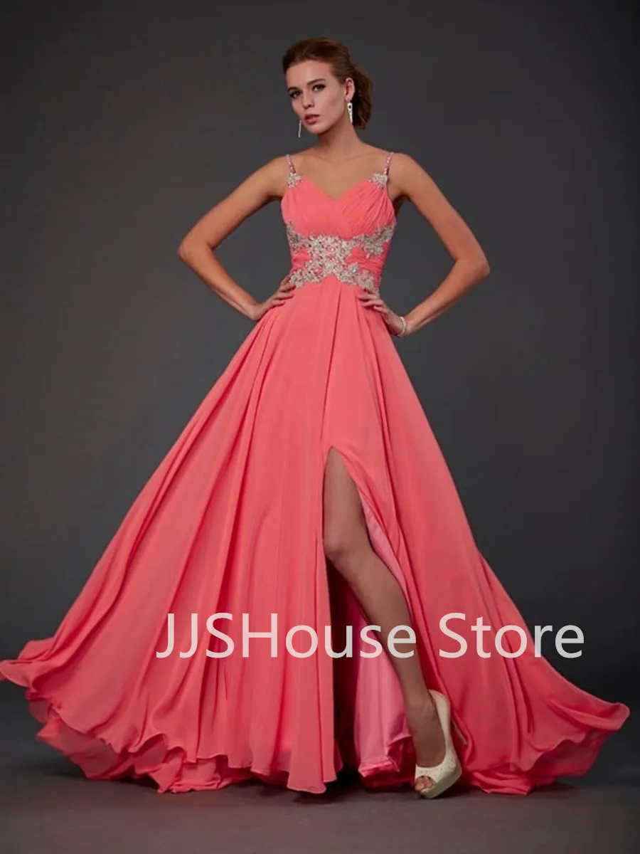 

Pink Spaghetti Straps Chiffon Prom Party Dress Brush Train A-Line Dubai Evening Dress Elegant luxury Women Robe vestidos de gala