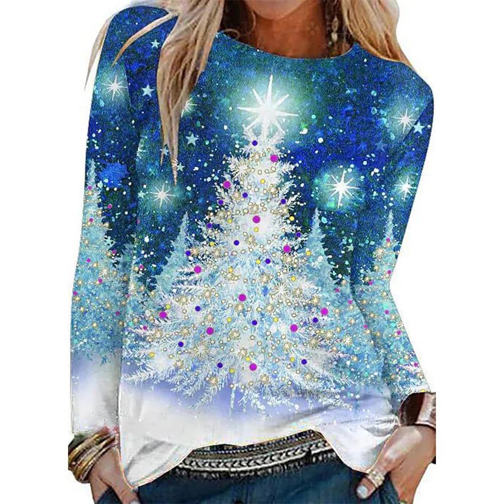 

Merry Christmas T Shirt For Women 3d Christmas Tree Print Long Sleeve Tops Ladies Xmas Tees Oversized Y2k Womens Clothing 5XL