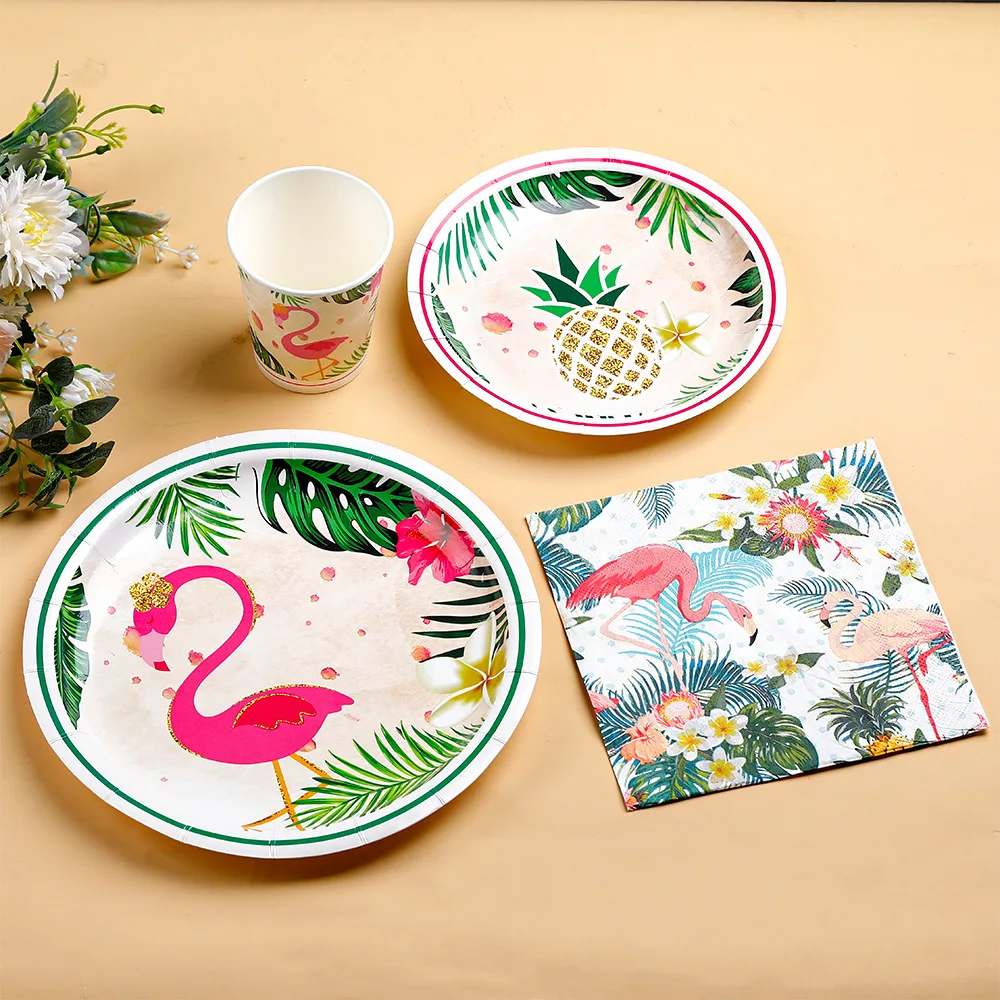 

10pcs Flamingo Theme Disposable Tableware Paper Plates Cups Napkins Happy Summer Hawaii Birthday Party Supplies Tableware Set