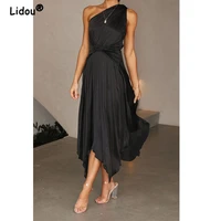 2022 summer evening party sexy one shoulder off shoulde solid color irregular midi dress chic evening elegant club dress outfits