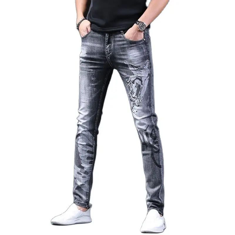 

Spring And Summer High-end Gray Skinny Denim Jeans Men's Brand Trousers Korean Elastic Men's Printed Casual Pencil Trousers