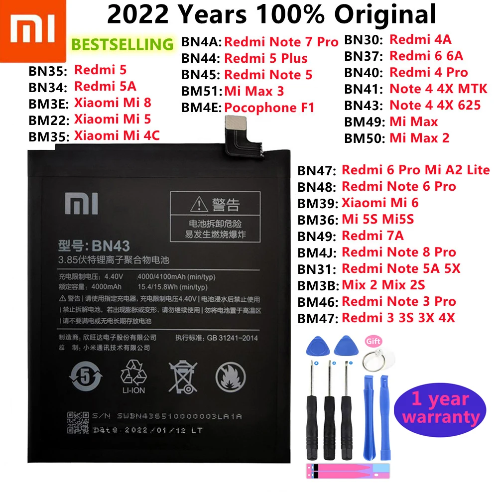 

Original Battery For Xiaomi Mi Redmi Note Mix Max 2 3 3S 3X 4 4X 4A 4C 5 5A 5S 5X M5 6 6A Mi6X 7 8 9 MI9 Pro Plus Lite Batteries